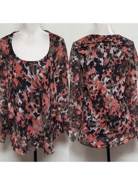 Y2K Vintage Bisou Bisou Michelle Bonbot Abstract Capelet Sleeve Chiffon Blouse L